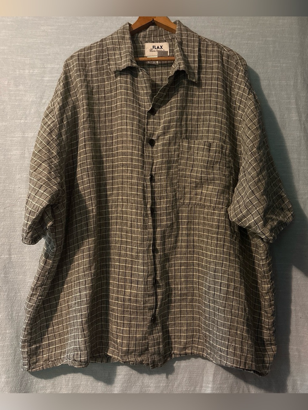 Flax Linen Shirt Short Sleeve Button Up Gray/Black And White Checks Men’s Sz 1G